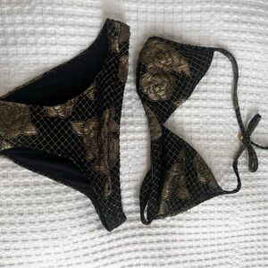 Chanel Black and Gold Floral Bikini Set